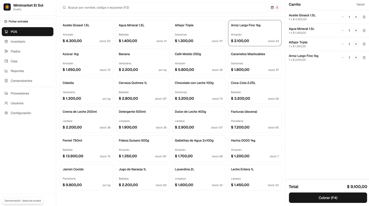 Pantalla de venta de Minimarket El Sol, el sistema de demostración: menú lateral, tarjetas de productos con precio y stock, y el carrito con el total a cobrar
